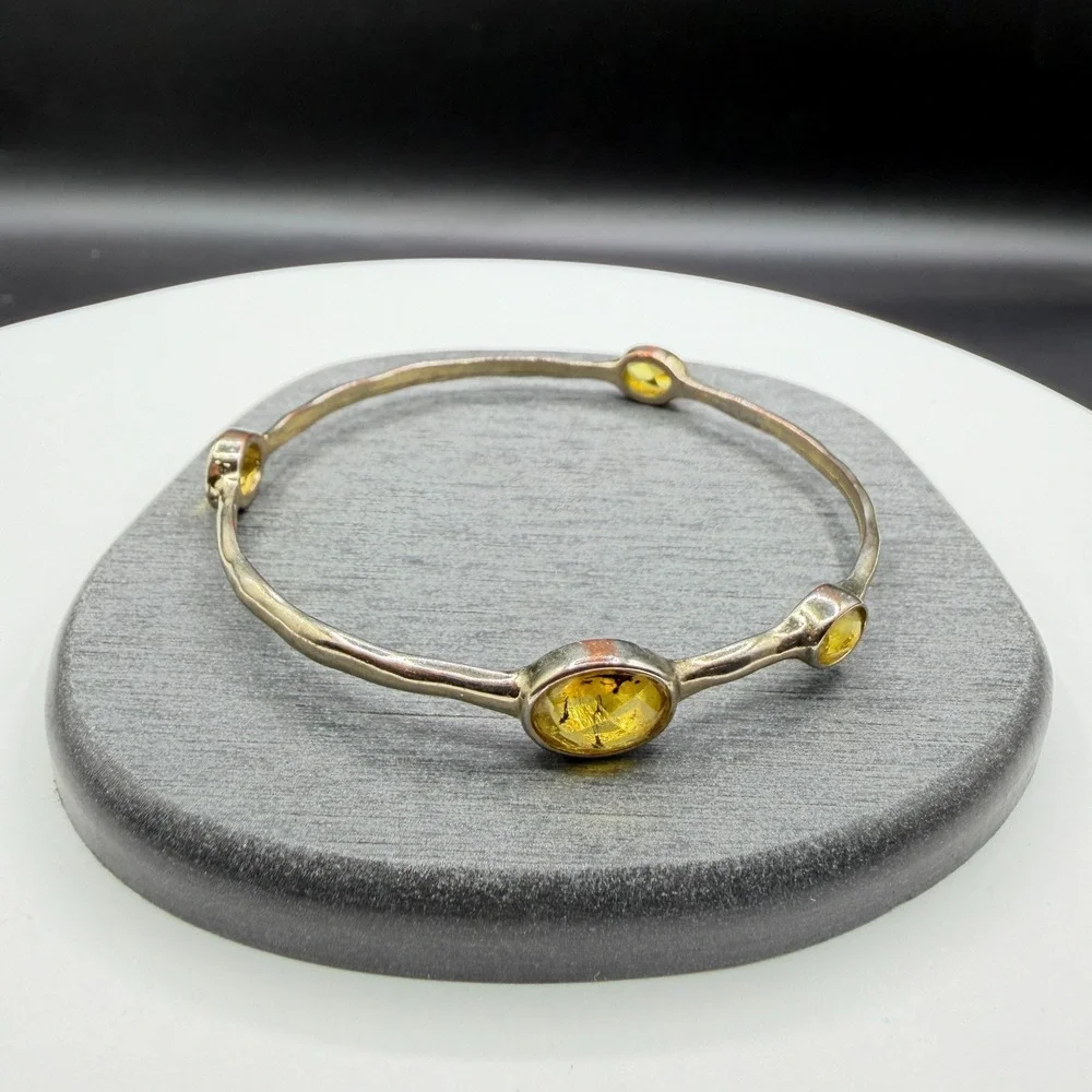 Yellow Crystal Silver Tone Bangle Bracelet Bezel Set Boho Statement Jewelry